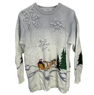 Vintage JH Collectibles Christmas Sweater Size L Blue White Snowflake Santa 90s